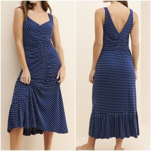 Anthropologie, New, Maeve Bree Navy Blue Dot Gathered Midi Sun Dress Size Medium